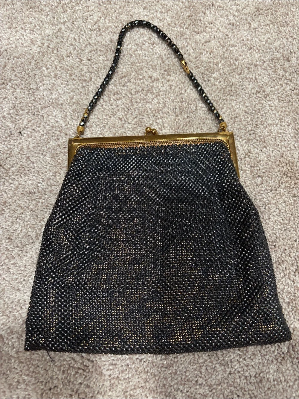 Vintage Whiting & Davis Metal Mesh Black Gold Evening Bag Copper Satin Lining